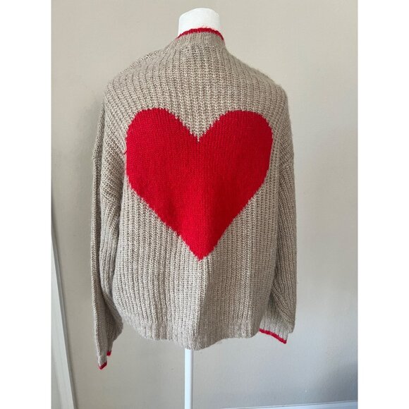 Womens beige knit open-front cardigan big heart-graphic oversized SMALL - Picture 1 of 6